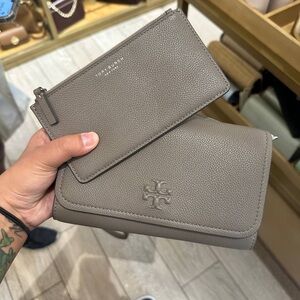 Tory Burch Taupe Leather Wallet and Clutch Set